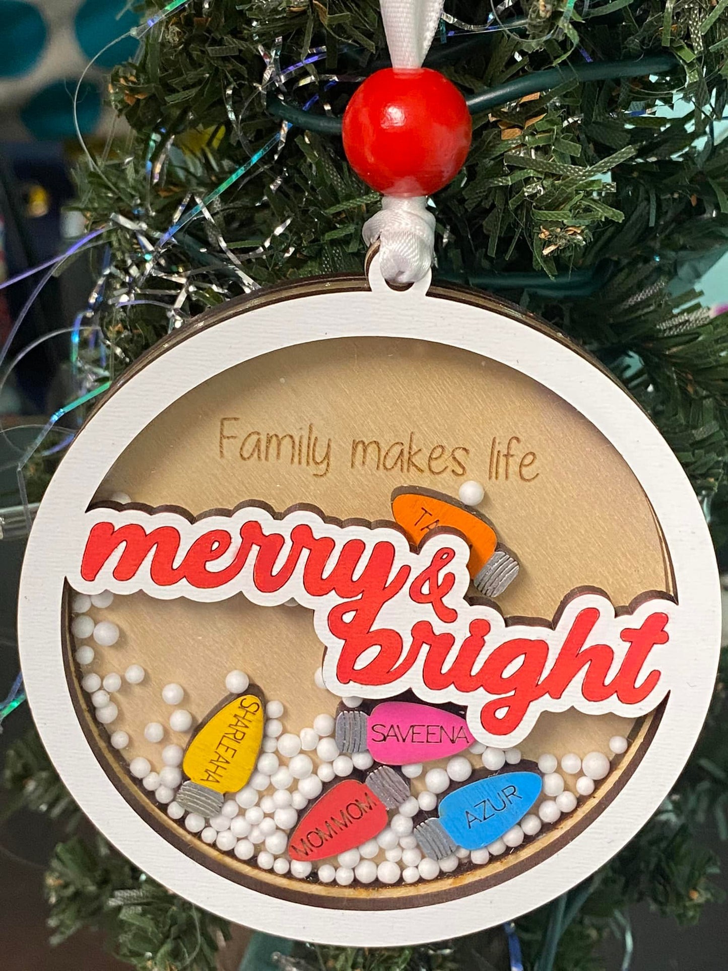 Family Makes Life Merry & Bright Shaker Ornament - Customizable